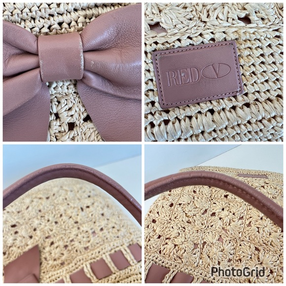 RED VALENTINO Cream Crochet Raffia Pink Mauve Leather Bow Shoulder Bag Tote - Picture 14 of 16